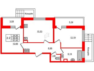 Квартира в ЖК 'Pulse Premier', 2 комнатная, 56.96 м², 1 этаж