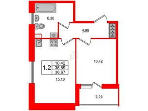 Квартира в ЖК Панорама парк Сосновка, 1 комнатная, 36.89 м², 1 этаж