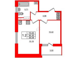 Квартира в ЖК Панорама парк Сосновка, 1 комнатная, 36.3 м², 6 этаж