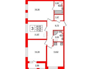 Квартира в ЖК Cube, 3 комнатная, 77.83 м², 8 этаж