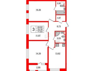 Квартира в ЖК Cube, 3 комнатная, 77.83 м², 11 этаж