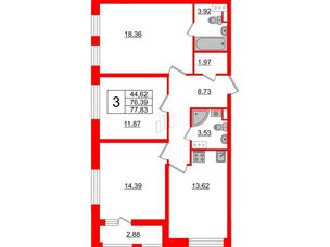 Квартира в ЖК Cube, 3 комнатная, 77.83 м², 12 этаж