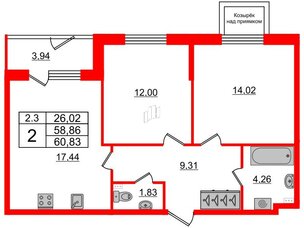 Квартира в ЖК 'Парадный ансамбль', 2 комнатная, 58.86 м², 1 этаж