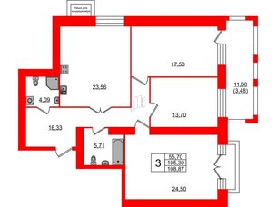 Квартира в ЖК Листва, 3 комнатная, 109.7 м², 3 этаж
