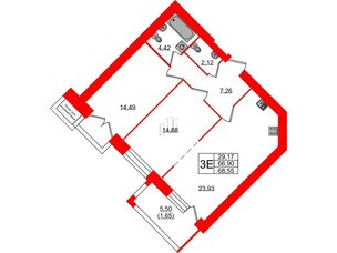 Квартира в ЖК Листва, 2 комнатная, 68.55 м², 6 этаж