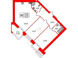 Квартира в ЖК Листва, 2 комнатная, 79.27 м², 3 этаж