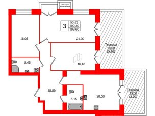 Квартира в ЖК Листва, 3 комнатная, 109.6 м², 13 этаж
