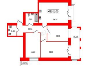Квартира в ЖК Листва, 3 комнатная, 95.91 м², 3 этаж