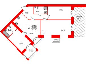 Квартира в ЖК Листва, 3 комнатная, 101.2 м², 13 этаж
