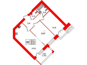Квартира в ЖК Листва, 2 комнатная, 68.49 м², 13 этаж