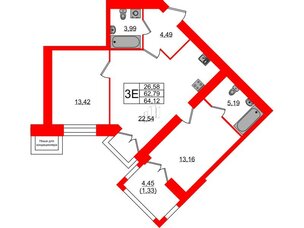 Квартира в ЖК Листва, 2 комнатная, 64.12 м², 8 этаж