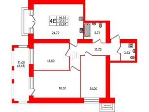 Квартира в ЖК Листва, 3 комнатная, 95.91 м², 6 этаж