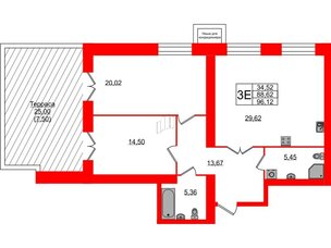 Квартира в ЖК Листва, 2 комнатная, 96.2 м², 12 этаж