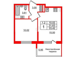 Квартира в ЖК 'Парадный ансамбль', 1 комнатная, 31.63 м², 5 этаж