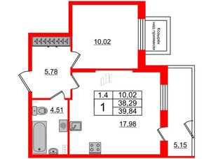 Квартира в ЖК 'Парадный ансамбль', 1 комнатная, 38.29 м², 1 этаж