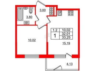 Квартира в ЖК 'Парадный ансамбль', 1 комнатная, 32.01 м², 1 этаж
