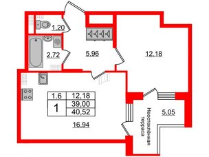 Квартира в ЖК 'Парадный ансамбль', 1 комнатная, 39 м², 5 этаж
