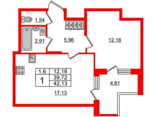 Квартира в ЖК 'Парадный ансамбль', 1 комнатная, 39.72 м², 1 этаж
