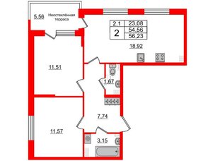 Квартира в ЖК 'Парадный ансамбль', 2 комнатная, 54.56 м², 5 этаж