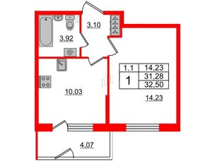 Квартира в ЖК 'Парадный ансамбль', 1 комнатная, 31.28 м², 1 этаж