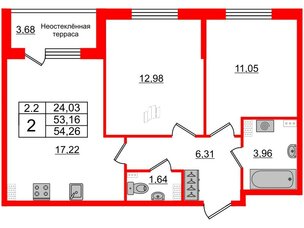 Квартира в ЖК 'Парадный ансамбль', 2 комнатная, 53.16 м², 5 этаж