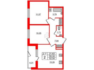 Квартира в ЖК 'Парадный ансамбль', 2 комнатная, 50.34 м², 1 этаж