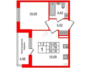 Квартира в ЖК 'Парадный ансамбль', 1 комнатная, 31.79 м², 5 этаж
