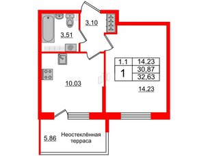 Квартира в ЖК 'Парадный ансамбль', 1 комнатная, 30.87 м², 5 этаж