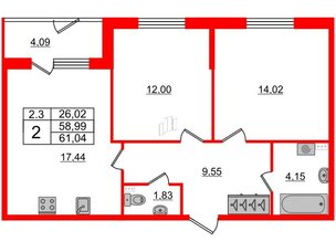 Квартира в ЖК 'Парадный ансамбль', 2 комнатная, 58.99 м², 1 этаж