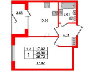 Квартира в ЖК 'Парадный ансамбль', 1 комнатная, 34.9 м², 1 этаж