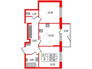 Квартира в ЖК 'Парадный ансамбль', 2 комнатная, 45.87 м², 1 этаж