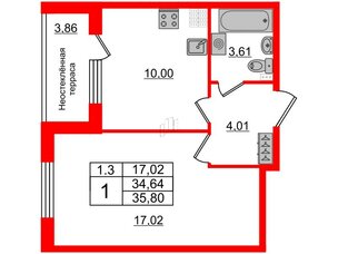 Квартира в ЖК 'Парадный ансамбль', 1 комнатная, 34.64 м², 5 этаж