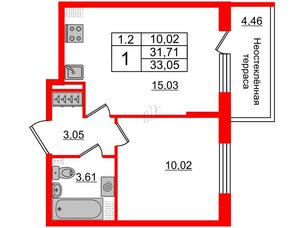 Квартира в ЖК 'Парадный ансамбль', 1 комнатная, 31.71 м², 5 этаж
