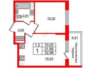 Квартира в ЖК 'Парадный ансамбль', 1 комнатная, 31.66 м², 5 этаж