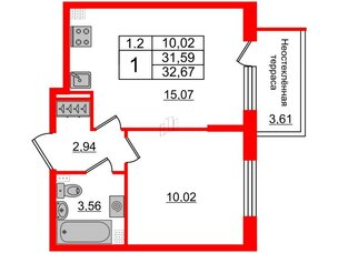 Квартира в ЖК 'Парадный ансамбль', 1 комнатная, 31.59 м², 5 этаж