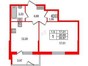 Квартира в ЖК 'Парадный ансамбль', 1 комнатная, 38.68 м², 1 этаж