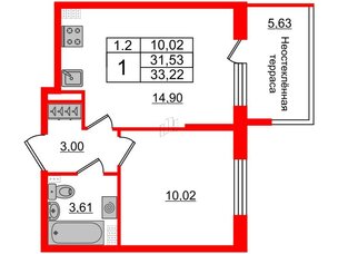 Квартира в ЖК 'Парадный ансамбль', 1 комнатная, 31.53 м², 5 этаж