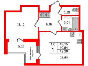 Квартира в ЖК 'Парадный ансамбль', 1 комнатная, 40.54 м², 5 этаж