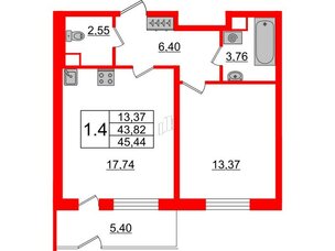 Квартира в ЖК Зеленый квартал на Пулковских высотах, 1 комнатная, 43.82 м², 1 этаж