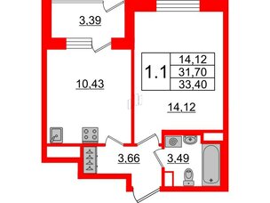 Квартира в ЖК Зеленый квартал на Пулковских высотах, 1 комнатная, 31.7 м², 1 этаж