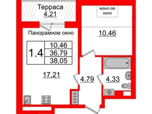 Квартира в ЖК Зеленый квартал на Пулковских высотах, 1 комнатная, 36.79 м², 5 этаж