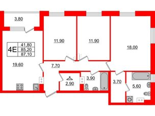 Квартира в ЖК Тайм Сквер, 3 комнатная, 87.1 м², 3 этаж