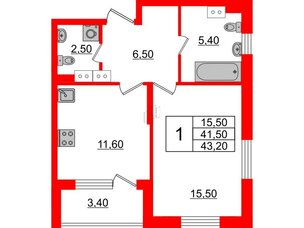 Квартира в ЖК Тайм Сквер, 1 комнатная, 43.2 м², 2 этаж