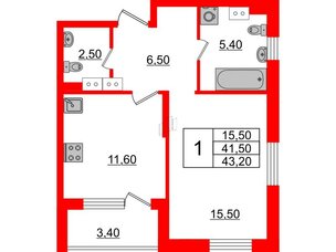 Квартира в ЖК Тайм Сквер, 1 комнатная, 43.2 м², 3 этаж