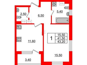 Квартира в ЖК Тайм Сквер, 1 комнатная, 43.2 м², 8 этаж