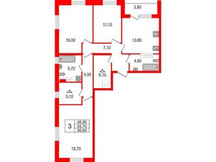 Квартира в ЖК Тайм Сквер, 3 комнатная, 95.6 м², 3 этаж
