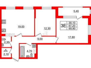 Квартира в ЖК Тайм Сквер, 2 комнатная, 69.9 м², 10 этаж