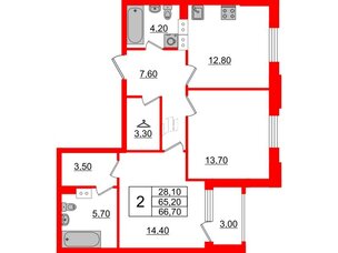 Квартира в ЖК Тайм Сквер, 2 комнатная, 66.7 м², 10 этаж