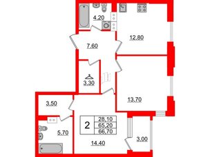 Квартира в ЖК Тайм Сквер, 2 комнатная, 66.7 м², 12 этаж