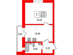 Квартира в ЖК «Дуэт», 1 комнатная, 36.7 м², 1 этаж